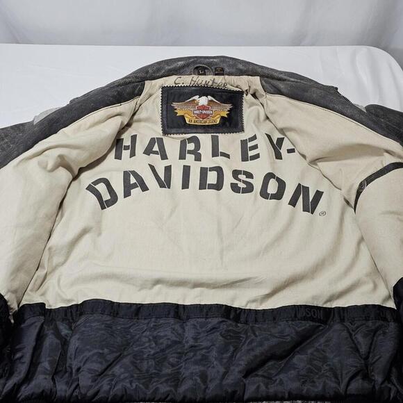 Harley Davidson Men Leather Jacket V Power Motorcycles Spell Out Logo Zip Coat L - Picture 6 of 15